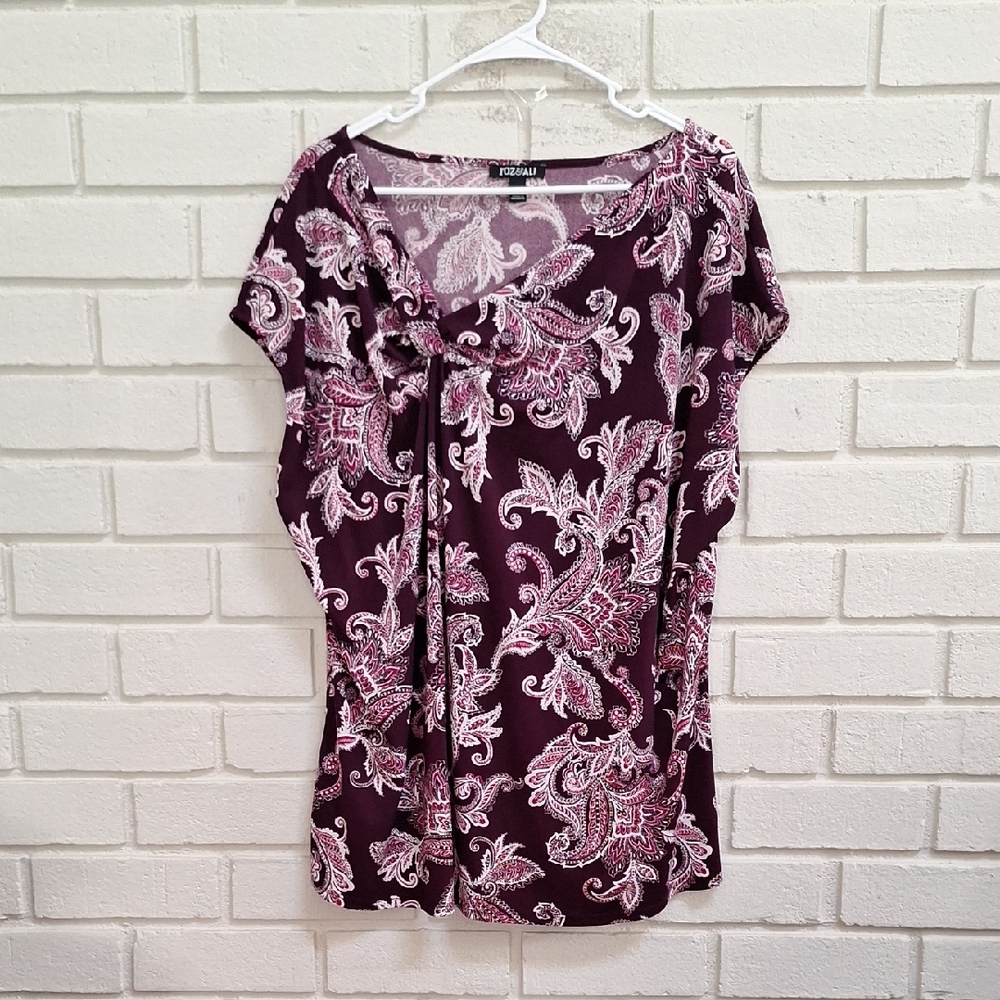 Roz & Ali Purple/Burgundy Paisley Short Sleeve Blouse. Size 3X  NWOT